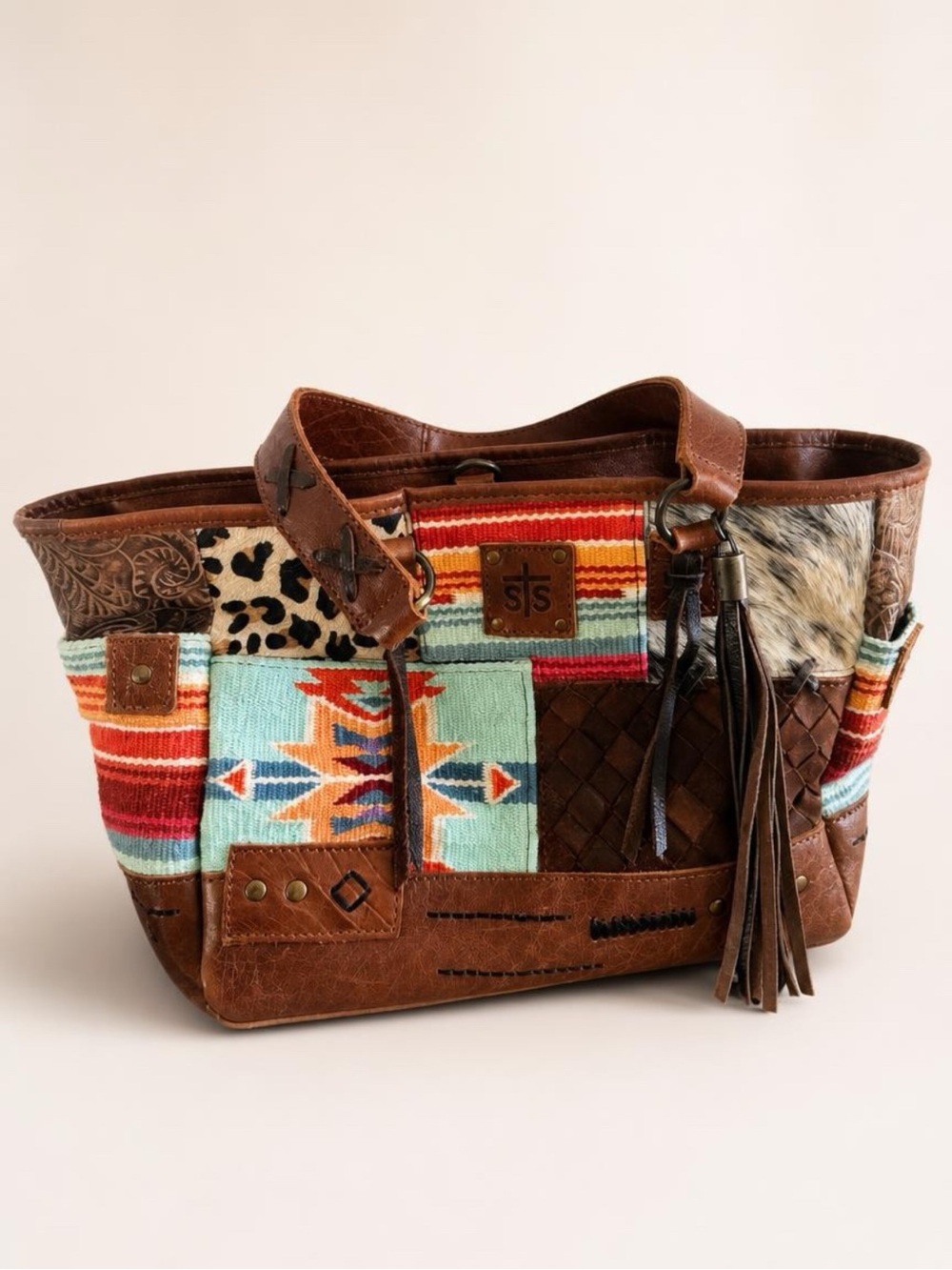 STS Ranchwear Brown Multi Southwestern Patchwork Tote